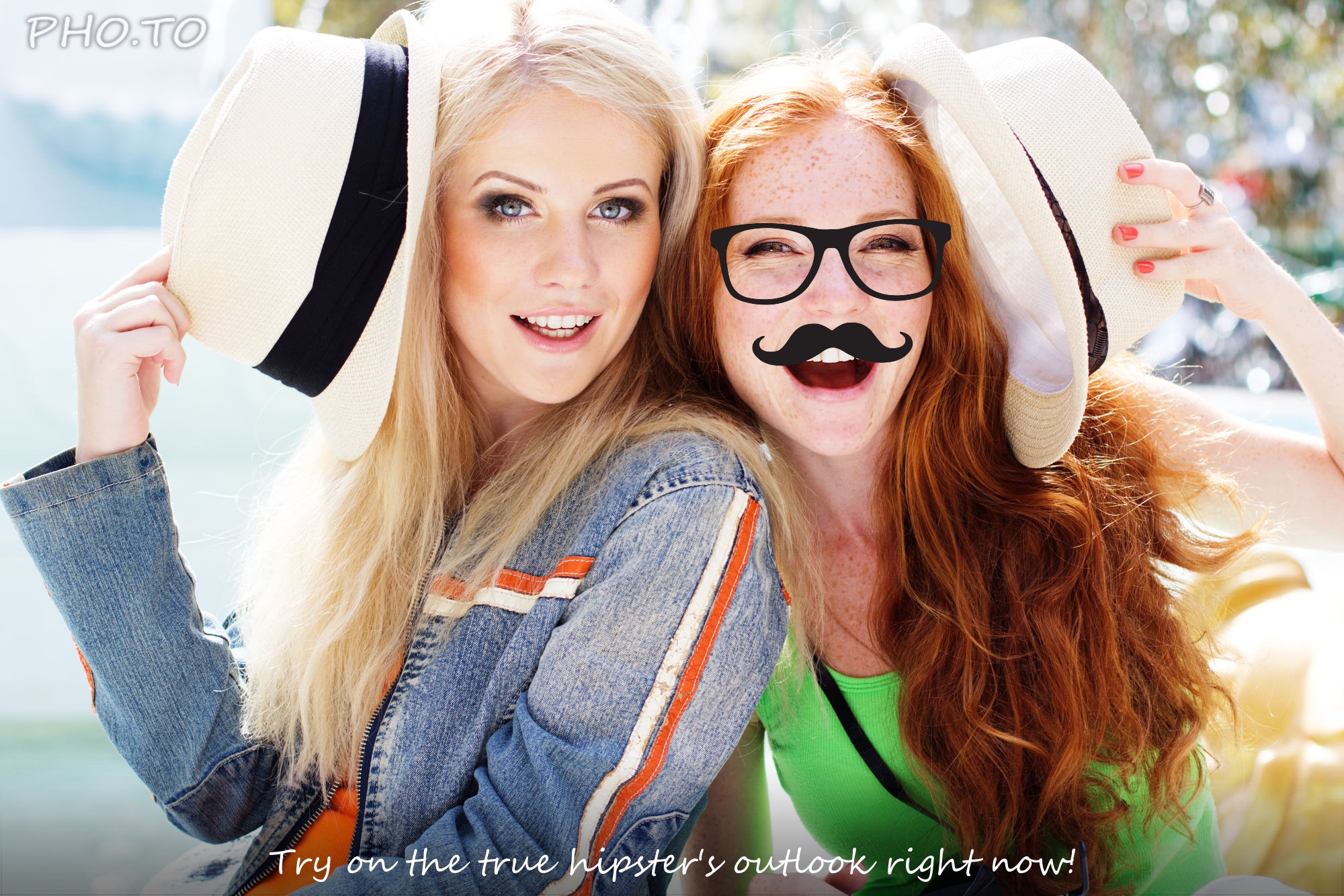Amuse your friends: add glasses and mustache to their photos Glasses and mustache are added to a photo of laughing girls.